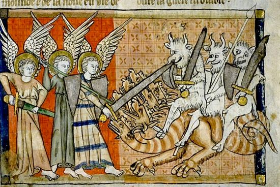 Saint Michel et ses anges combattant le Dragon de l'Apocalypse et ses diables. Enluminure extraite d'un manuscrit du XIIIe siècle conservé à la Bibliothèque d'Étude du Patrimoine de Toulouse