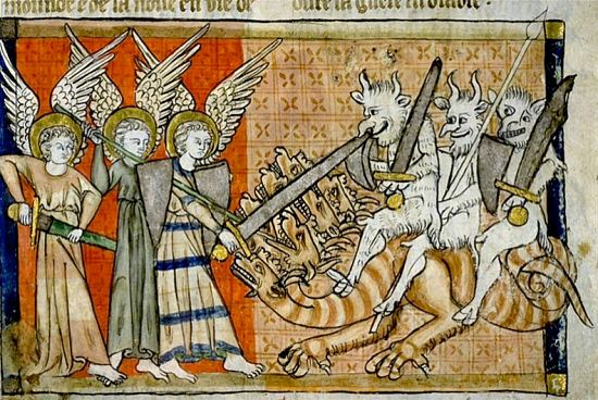 Saint Michel et ses anges combattant le Dragon de l'Apocalypse et ses diables. Enluminure extraite d'un manuscrit du XIIIe siècle conservé à la Bibliothèque d'Étude du Patrimoine de Toulouse