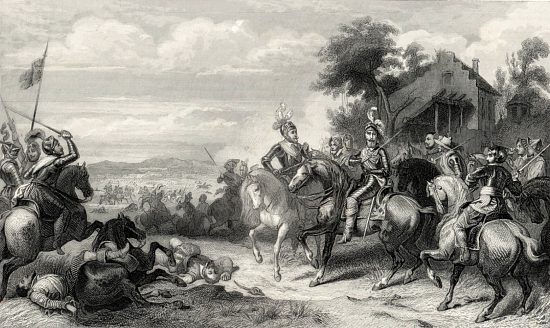 Combat de Fontaine-Française. Gravure réalisée d'après la peinture de 1838 d'Eugène Devéria