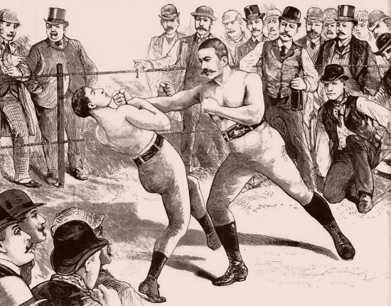 Le combat opposant Sullivan à Mitchell le 10 mars 1888. Gravure du temps