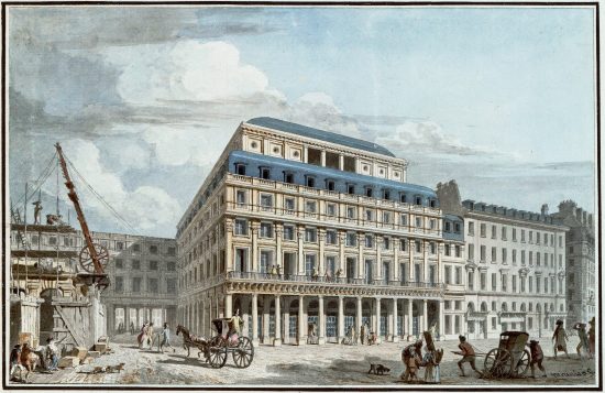 La Comédie-Française à la fin du XVIIIe siècle. Dessin d'Antoine Meunier (1765-1808). Bâtiment incendié et reconstruit au début du XXe siècle