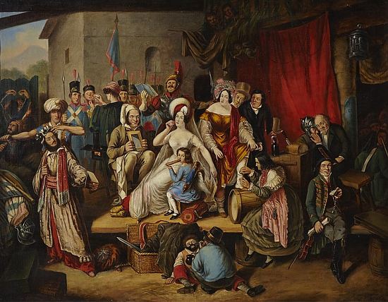 Les Comédiens ambulants. Peinture de Cornelius Krieghoff d'après l'oeuvre de François-Auguste Biard (1799-1882)