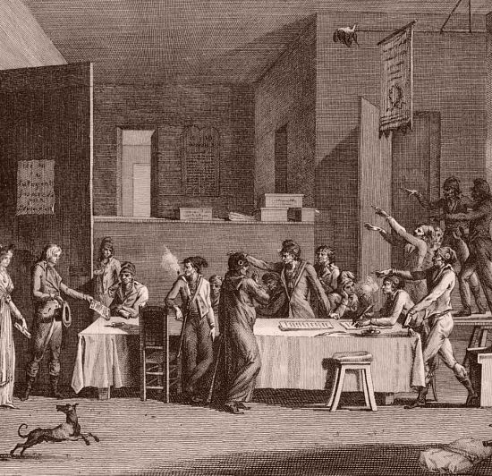 Intérieur d'un Comité révolutionnaire sous le régime de la Terreur. Détail d'une gravure de 1802 d'Alexandre-Évariste Fragonard (1780-1850)
