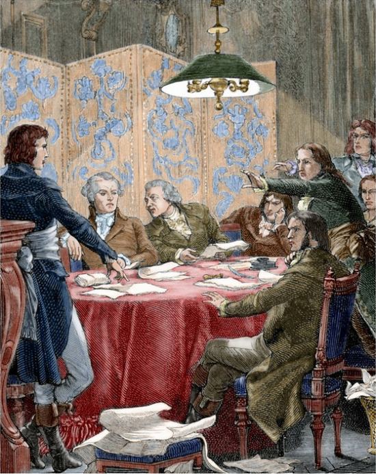 Réunion du Comité de salut public, gouvernement mis en place par la Convention nationale en 1793. Gravure du XIXe siècle colorisée ultérieurement