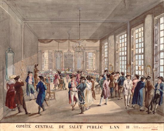 Créé le 6 avril 1793, le Comité de Salut public est le siège des décisions du gouvernement révolutionnaire, la même équipe étant réélue tous les mois jusqu'à l'été 1794 et la chute de la Terreur. Estampe du temps