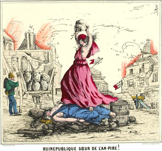 Ruinepublique Soeur de l'An-pire ! Caricature de 1871 figurant la Commune de Paris dominant une France à terre à laquelle elle s'apprête à jeter une pierre