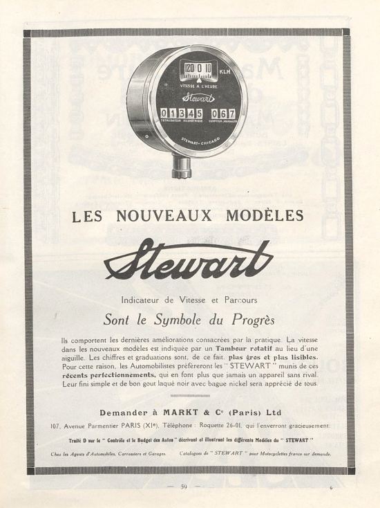 Encart publicitaire pour les compteurs kilométriques et de vitesse Stewart publié dans le numéro du 31 janvier 1920 de la revue Automobilia