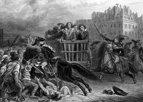 Charrette de condamnés par le Tribunal révolutionnaire. Gravure extraite de Histoire de la Révolution française, par Adolphe Thiers (1850)
