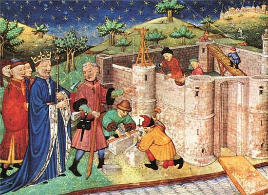 Le roi Charles V visitant le chantier de construction de la Bastille. Miniature du XVe siècle