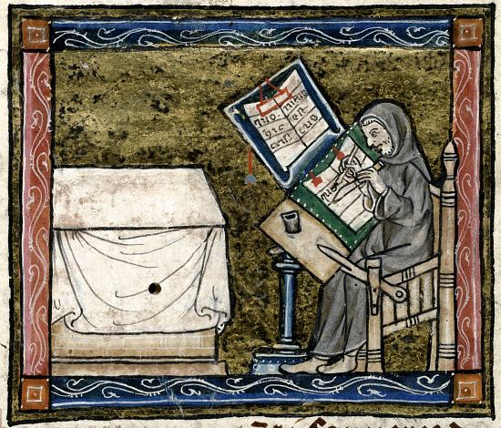Moine copiste. Enluminure extraite de La quête du Saint Graal, manuscrit français du premier quart du XIVe siècle (British Library, MS Royal 14 E III)