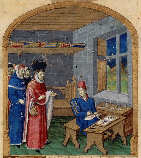 Guillaume des Ursins et son copiste-enlumineur. Miniature extraite de La Mer des histoires (Mare historiarum) de Giovanni Colonna (manuscrit latin n°4915 de la BnF datant du milieu du XVe siècle)