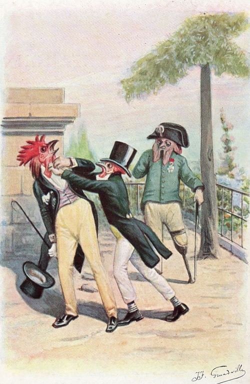 Le Coq fanfaron. Chromolithographie de la fin du XIXe siècle réalisée d'après un dessin du caricaturiste Grandville (1803-1847)