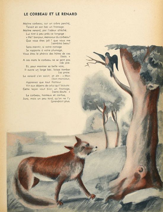 Le Corbeau et le Renard. Page extraite de Fables de La Fontaine paru en 1938 aux Éditions des Enfants de France