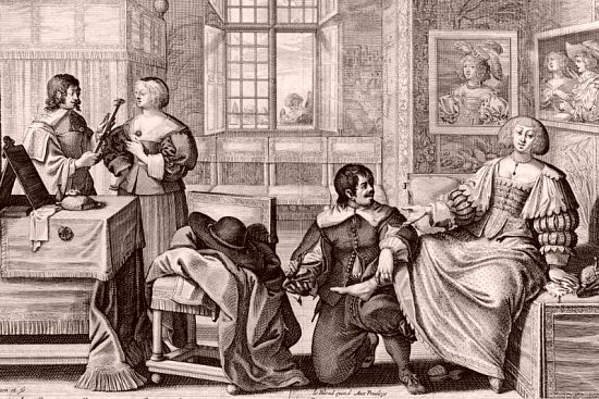 Le cordonnier (un cordonnier, accompagné de son aide, vient au domicile d'une dame afin de lui faire essayer des chaussures). Gravure d'Abraham Bosse (1632-1633)