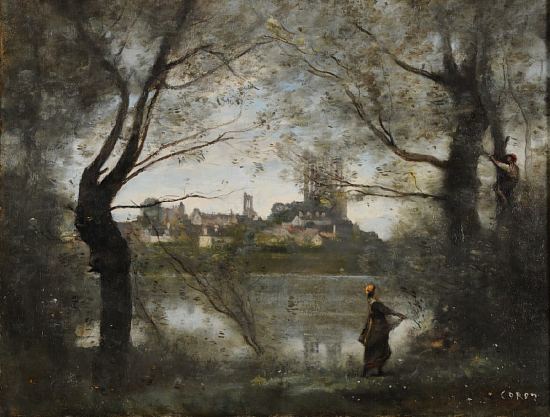 Mantes. La cathédrale et la ville vues à travers les arbres. Peinture de Camille Corot (vers 1860-1865)