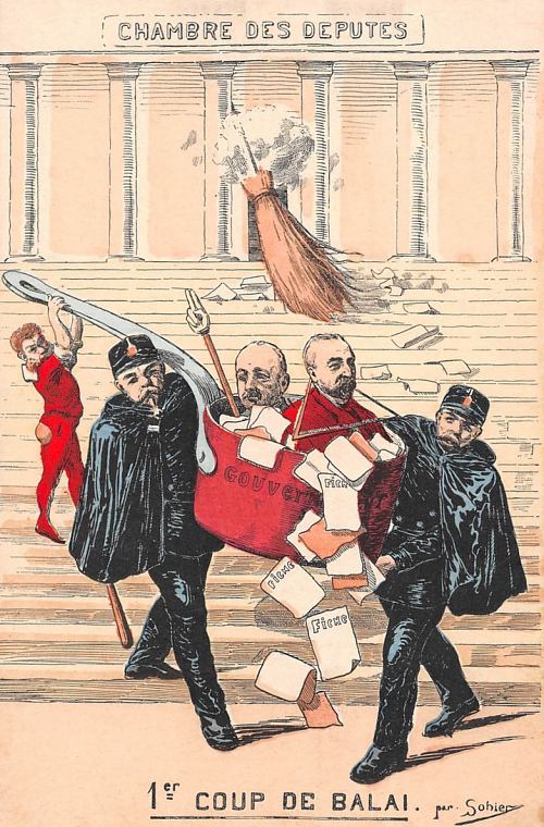 1er coup de balai. Caricature de Sohier parue en 1904. Après que l'affaire des fiches a éclaté au grand jour — fichage des gradés par les francs-maçons de la loge du Grand Orient à la demande du général Louis André, ministre de la Guerre, afin de favoriser l'avancement des officiers républicains anticléricaux —, le ministre André, giflé à la Chambre par le député nationaliste Gabriel Syveton le 4 novembre 1904, démissionne, et après lui le gouvernement Combes