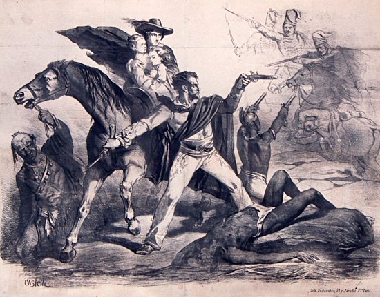 Illustration extraite d'une affiche publicitaire réalisée par Horace Castelli pour le roman Sans-Peur le corsaire, publié par Le Passe-temps (1880)