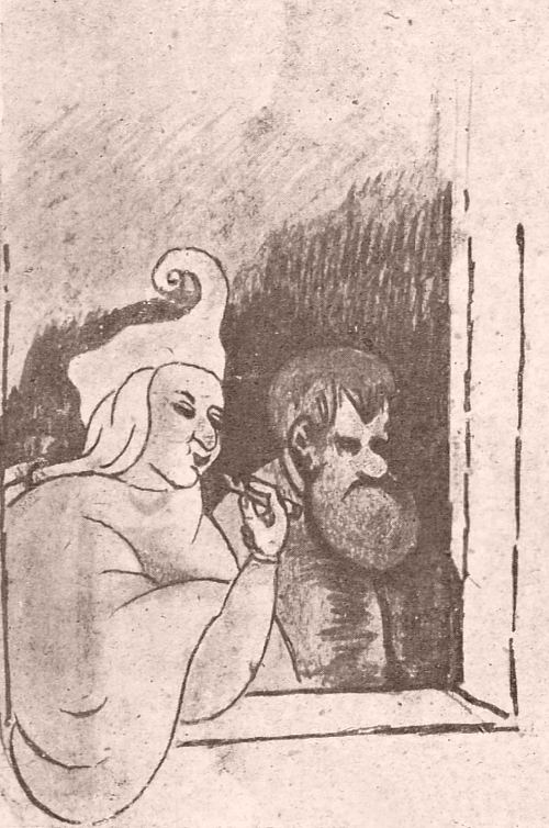 Un couple à sa fenêtre. Dessin d'Aloysius Bertrand destiné à illustrer son recueil Gaspard de la Nuit et reproduit dans l'édition de 1920 (éditeur Ch. Bosse). La scène pourrait se rapporter à la pièce La Sérénade : Approchez, mon mignon, que je vous glisse ma clef au nœud d'un ruban