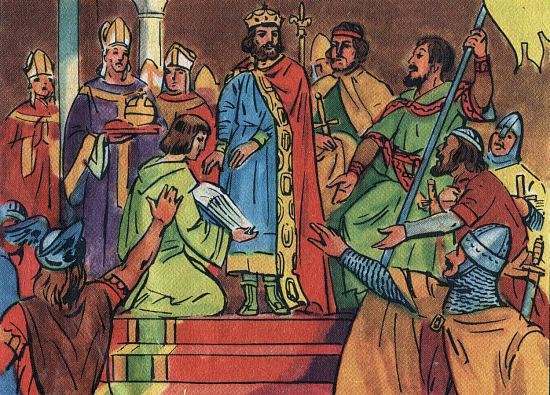 Couronnement de Hugues Capet à Noyon le 3 juillet 987 par Adalbéron, archevêque de Reims. Chromolithographie du XXe siècle