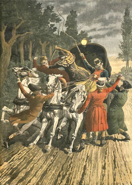L'attaque du courrier de Lyon entre Lieusaint et Melun (Seine-et-Marne) en avril 1796. Illustration parue dans Le Petit Journal illustré du 8 décembre 1907