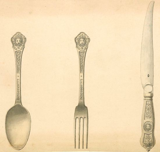 Cuiller, fourchette et couteau du roi. Dessin de Nicolas Delaunay (1726)