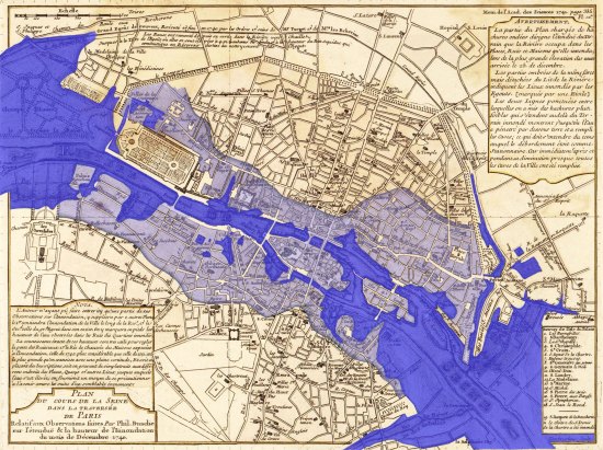 Plan de la crue de 1740 réalisé en 1741 par le cartographe Philippe Buache, membre de l'Académie des sciences