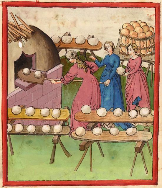 Cuisson du pain. Enluminure extraite du Tacuinum sanitatis (XVe siècle, manuscrit latin BnF n°9333)