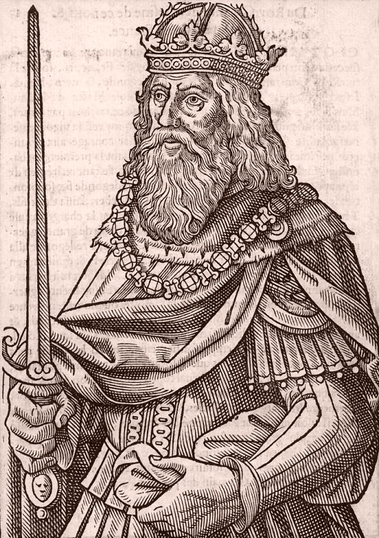Dagobert Ier, roi des Francs (629-639). Gravure extraite du Recueil des effigies des rois de France avec un sommaire des généalogies, faicts et gestes d'iceux (1567)