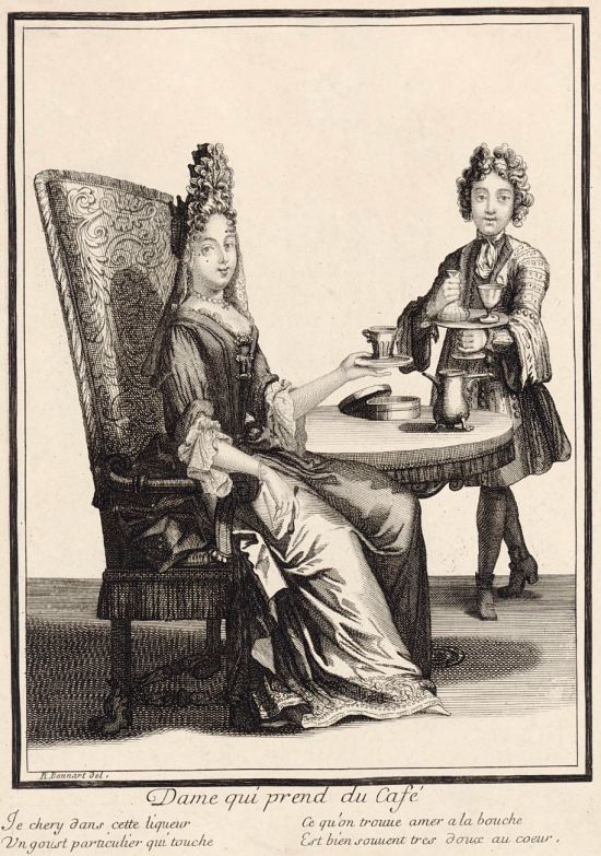 Dame qui prend du café. Gravure de Robert Bonnart réalisée vers 1695