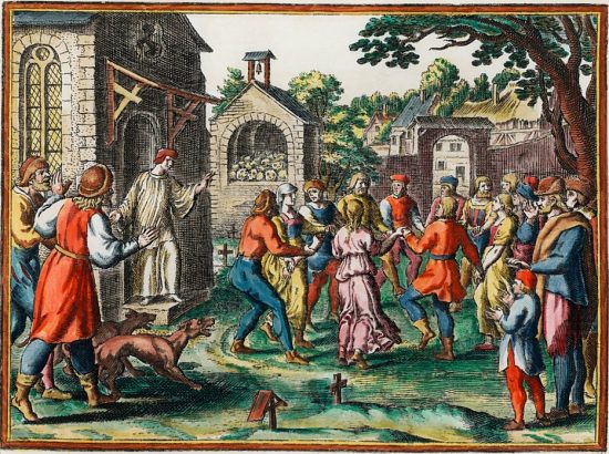 Épidémie de danse en 1012 à Kolbeck, dans le diocèse de Magdebourg. Gravure (colorisée) de Matthaüs Merian le Jeune (1593-1650) publiée dans Historische Chronica par Johann Ludwig Gottfried (1630)