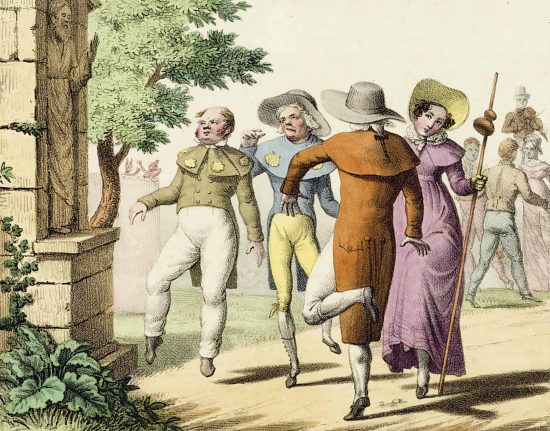 Danse de Saint-Guy ou de Saint-Vit. Lithographie extraite de l'Album comique de pathologie pittoresque. Recueil de vingt caricatures médicales (1823)