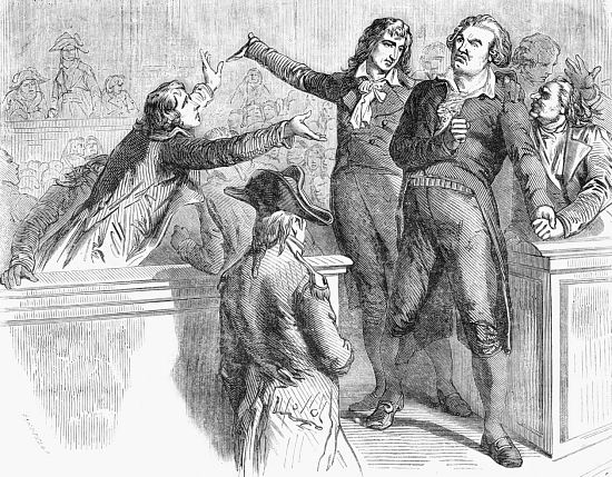 Danton et Desmoulins se défendent devant la Convention, le 30 mars 1794. Gravure extraite de Histoire de la Révolution française (par Louis Blanc)
