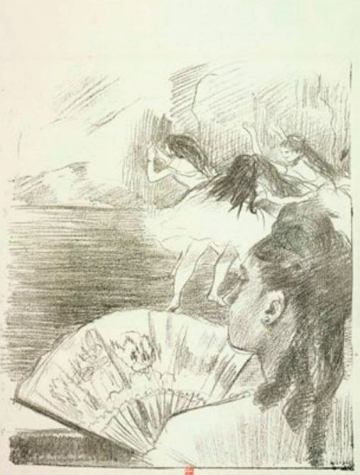 Loge d'avant-scène (femme à l'éventail). Lithographie d'Edgar Degas (1878-1880)