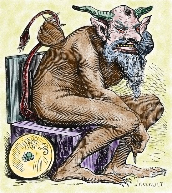 Le démon Belphégor. Dessin (colorisé ultérieurement) de Louis Breton, gravé par Jarrault et publié au sein de l'édition illustrée du Dictionnaire infernal de Jacques Collin de Plancy (1863)