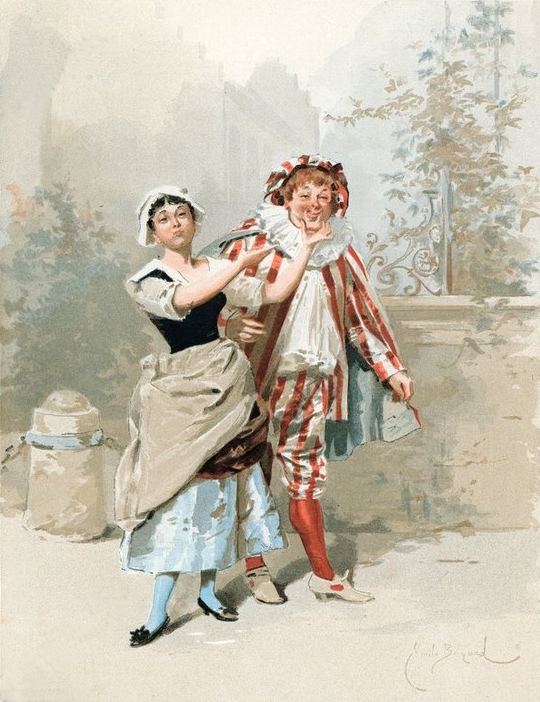 Le Dépit amoureux. Lithographie illustrant la pièce éponyme de Molière de 1656 et réalisée d'après une aquarelle d'Émile Bayard (1837-1891), publiée dans le numéro du 1er mars 1886 de Paris illustré