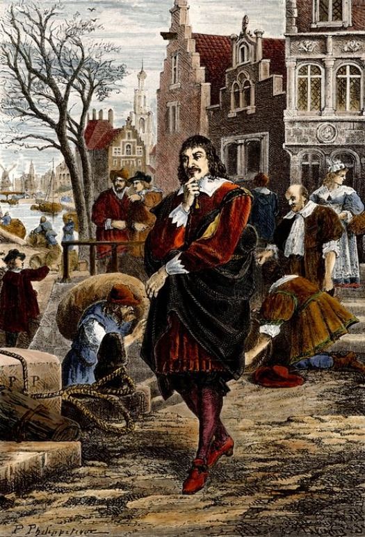 René Descartes à Amsterdam, lorsqu'il se retira en Hollande en 1629. Gravure de 1880 réalisée d'après un dessin (colorisé ultérieurement) de Félix Philippoteaux (1815-1884)