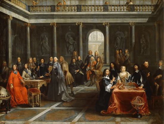 La reine Christine de Suède, entourée de sa cour, écoutant Descartes faisant une démonstration de géométrie en 1649. Peinture de Louis-Michel Dumesnil (1700)