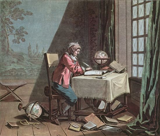 Descartes composant son système du monde. Gravure de Moret, d'après un dessin de Desfontaines (1791)