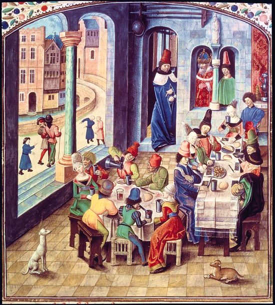 Un banquet au Moyen Âge. Enluminure extraite de la copie manuscrite de Facta et dicta memorabilia conservée à la Bibliothèque de Berlin et composée vers 1470