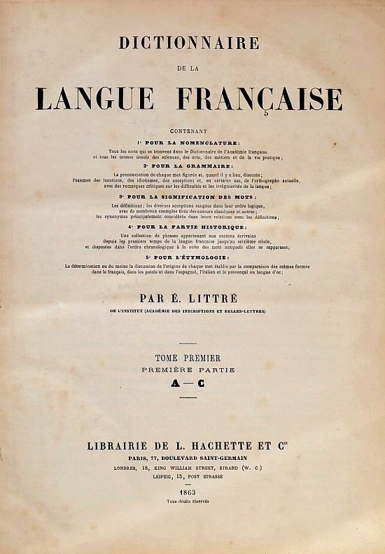 Page de titre de l'édition de 1863 du premier tome du Dictionnaire de la langue française d'Émile Littré