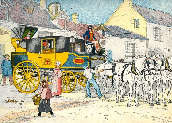 Diligence à une remise en 1840. Gravure d'Eugène Courboin (1851-1925)