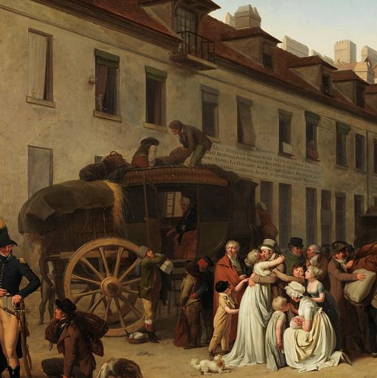 L'arrivée d'une diligence dans la cour des Messageries (détail). Peinture de Louis-Léopold Boilly (1803)