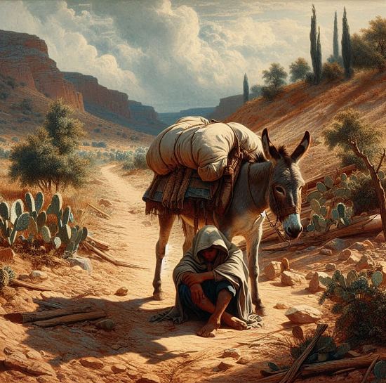 Le voyageur s'assied près de sa monture et se repose à son ombre