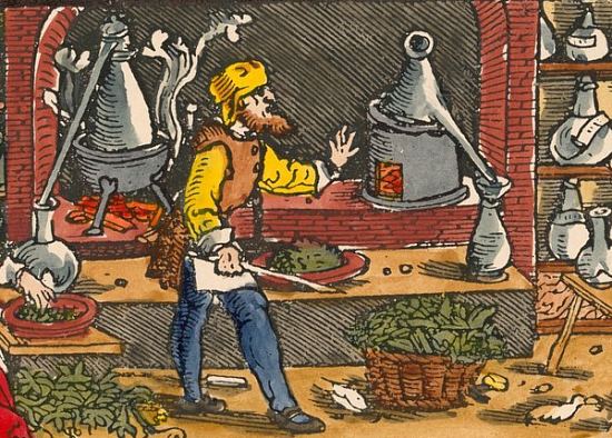 Transformation de plantes et distillation de médicaments à base de plantes. Détail d'une gravure (colorisée ultérieurement) anonyme du milieu du XVIe siècle