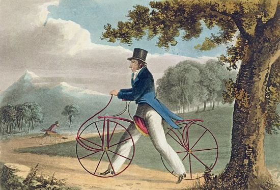 Le hobby-horse, draisienne pourvue d'un cadre en métal et non en bois. Lithographie du XIXe siècle