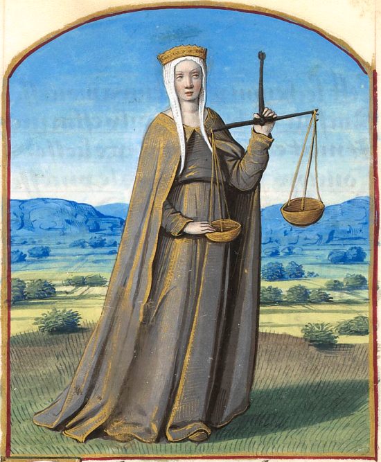 La droiture. Enluminure de Jean Poyet extraite de Le Secret des secrets et le Bréviaire des nobles par Alain Chartier, publié vers 1490 (manuscrit français n°18145 de la BnF)