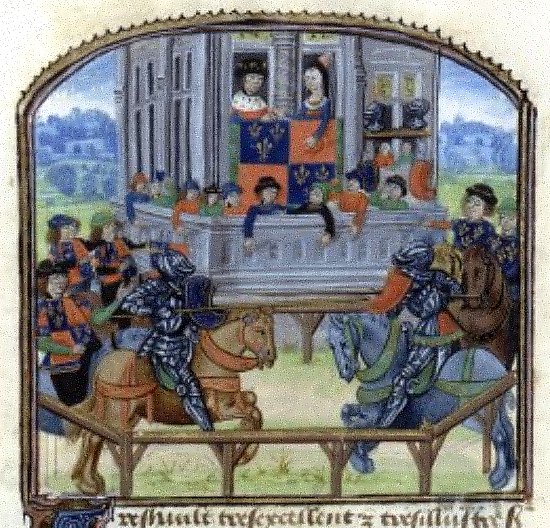 Duel judiciaire. Enluminure du Maître aux mains volubiles extraite de Les Droits d'armes de noblesse, manuscrit de 1481 réalisé sous la direction de Gille, roi d'armes de Maximilien d'Autriche, comte de Flandres