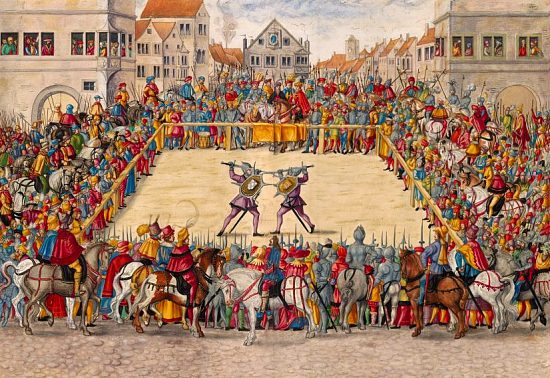 Duel judiciaire entre le maréchal Wilhelm von Dornsberg et Theodor Haschenacker sur le marché du vin d'Augsbourg (1409). Illustration extraite d'un traité allemand des techniques de combats médiéval de Munich paru en 1544