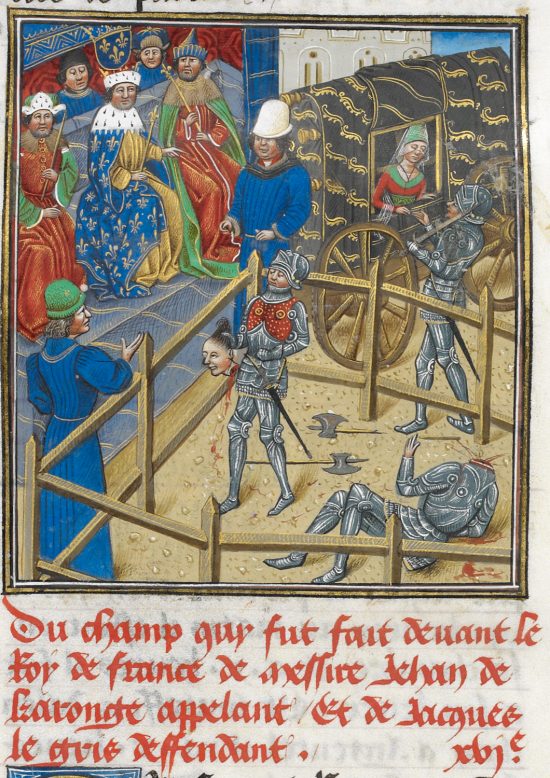 Enluminure représentant le duel opposant Jean de Carrouges et Jacques Le Gris, extraite du Recueil des croniques d'Engleterre de Jean de Wavrin (vers 1470-1480)