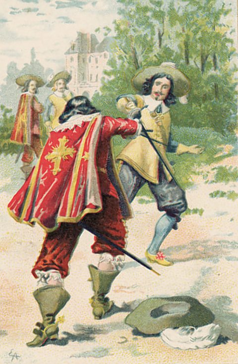 Un duel sous Louis XIII. Chromolithographie d'une série Hachette du XXe siècle sur les costumes français à travers les âges